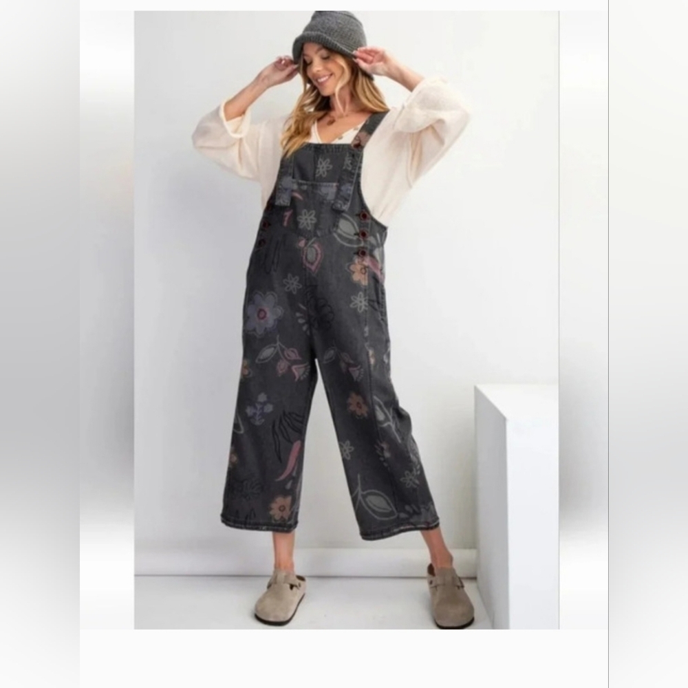 NWT EASEL Black Floral Printed Vintage Wased Overalls Jumpsuit Size Med